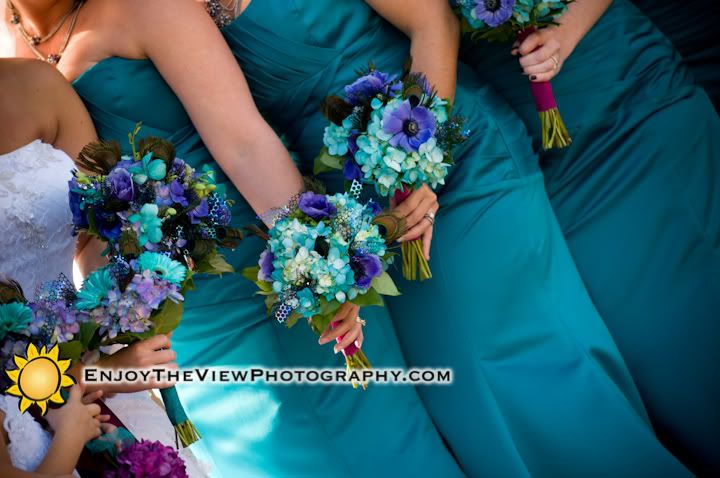  Girl all carried coordinating bouquets with Peacock punchinella leaves